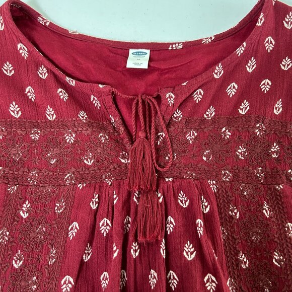 Old Navy Gauze Dress Womens M Burgundy Embroidered Tasseled Flowy Boho Lagenlook - Picture 5 of 11